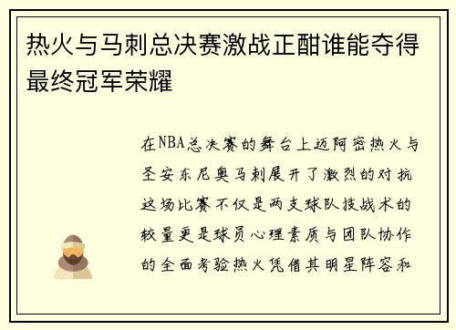 热火与马刺总决赛激战正酣谁能夺得最终冠军荣耀