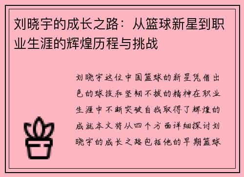 刘晓宇的成长之路：从篮球新星到职业生涯的辉煌历程与挑战
