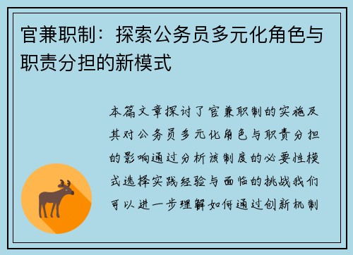 官兼职制：探索公务员多元化角色与职责分担的新模式