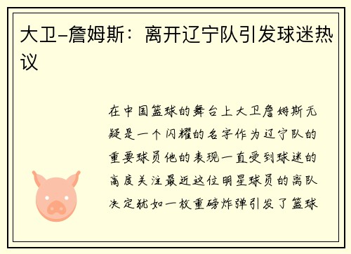 大卫-詹姆斯：离开辽宁队引发球迷热议